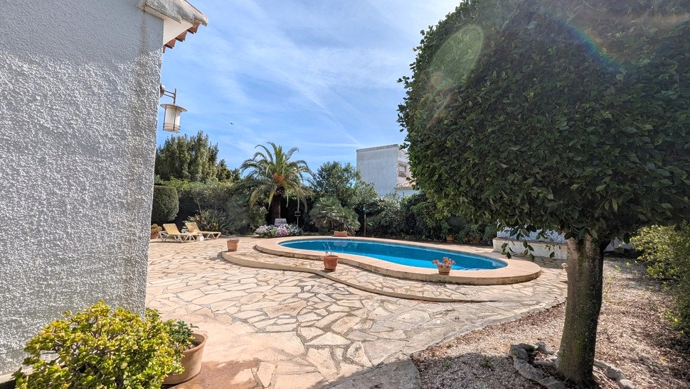 Private kidney-shaped swimming pool surrounded by natural stone paving and a mature Mediterranean garden with palm trees and sunbathing areas.