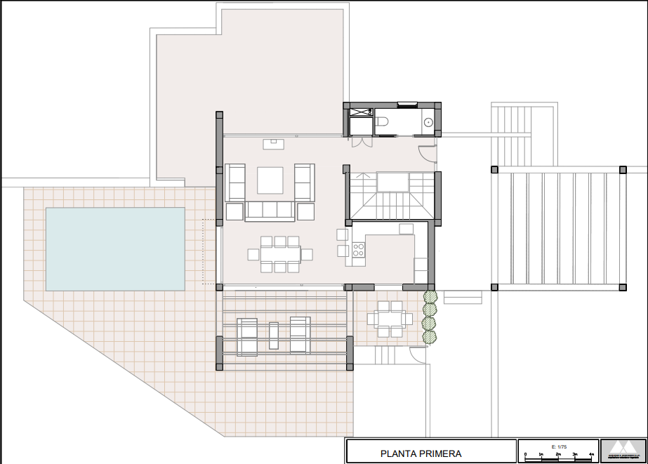 Detailed floor plan of the first floor featuring an open-plan living and dining area, kitchen, bathroom, and extensive terrace with a swimming pool.