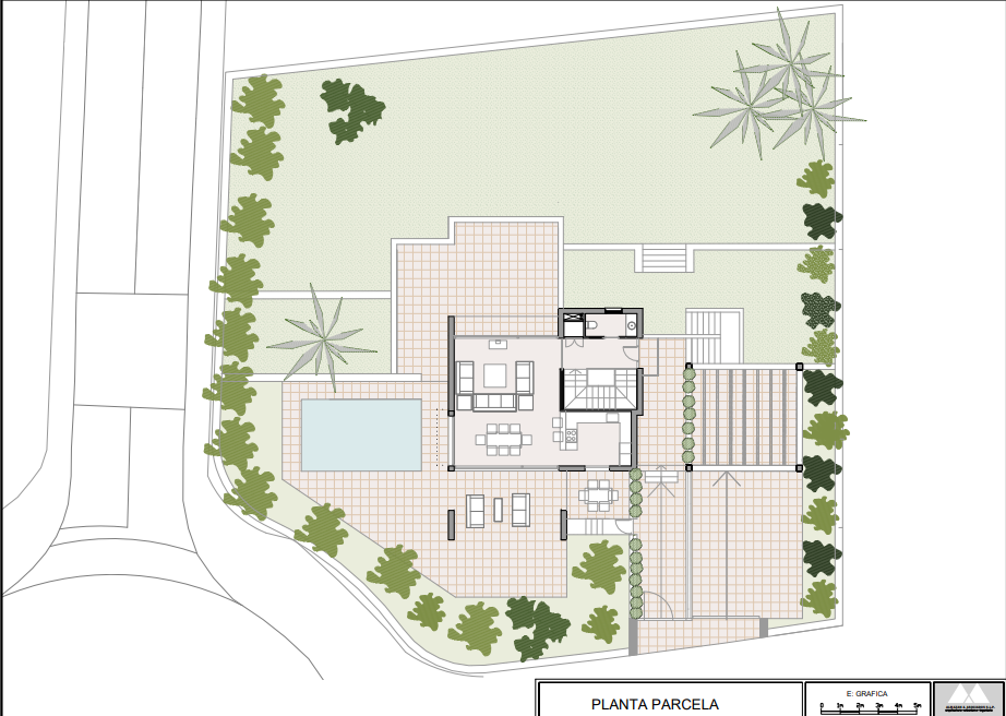 Detailed site plan showing the 1,000 m² plot layout, including the villa's ground floor distribution, private pool, extensive terraced areas, and perimeter landscaping.