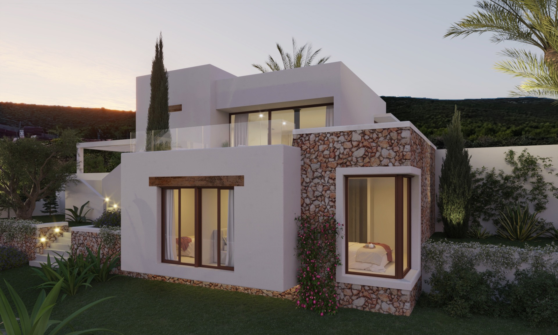 Exterior view of a modern two-story villa showcasing white rendering, natural stone walls, and large windows. Integrated lighting highlights the landscaped garden and wooden accents.