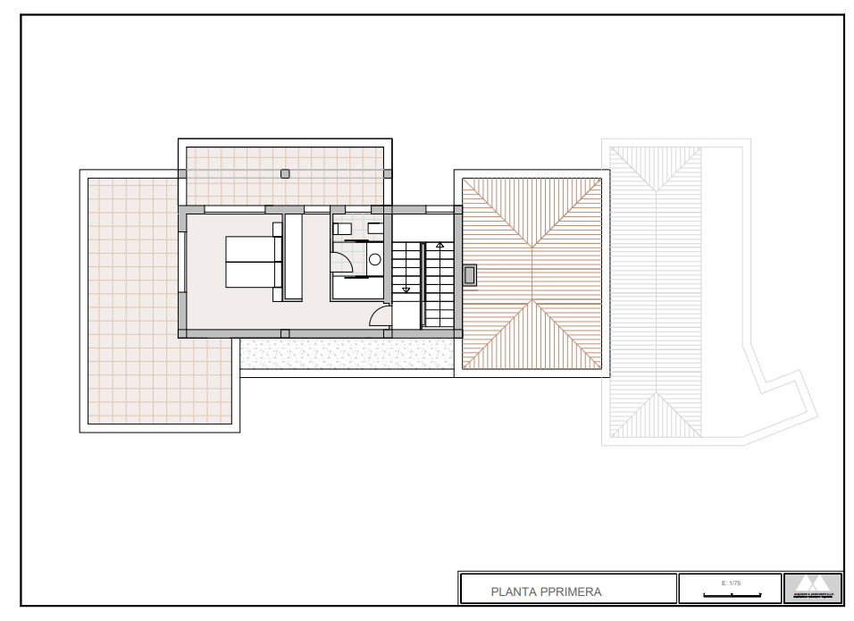 Architectural floor plan of the first floor showing a master bedroom with en-suite bathroom, staircase access, and expansive private terrace areas.
