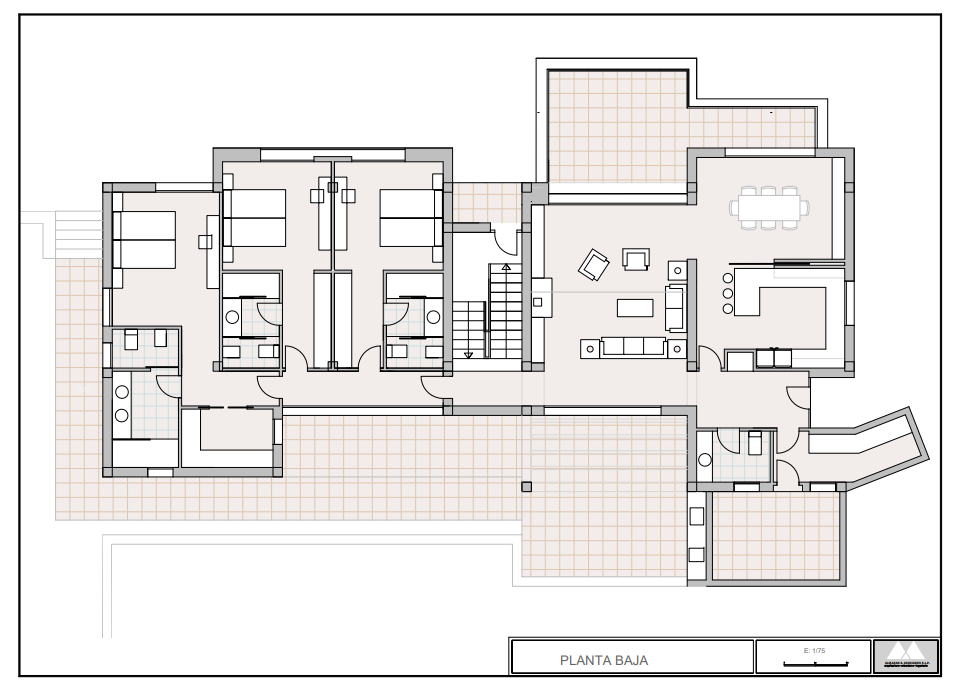 Architectural floor plan of the ground floor, featuring three en-suite bedrooms, a large open-plan living and dining area, and extensive tiled terrace spaces.