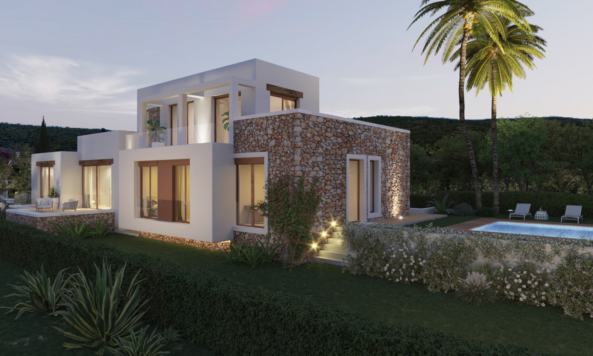Exterior view of a modern Mediterranean villa featuring natural stone walls, white render, integrated step lighting, a private swimming pool with wooden decking, and landscaped gardens.