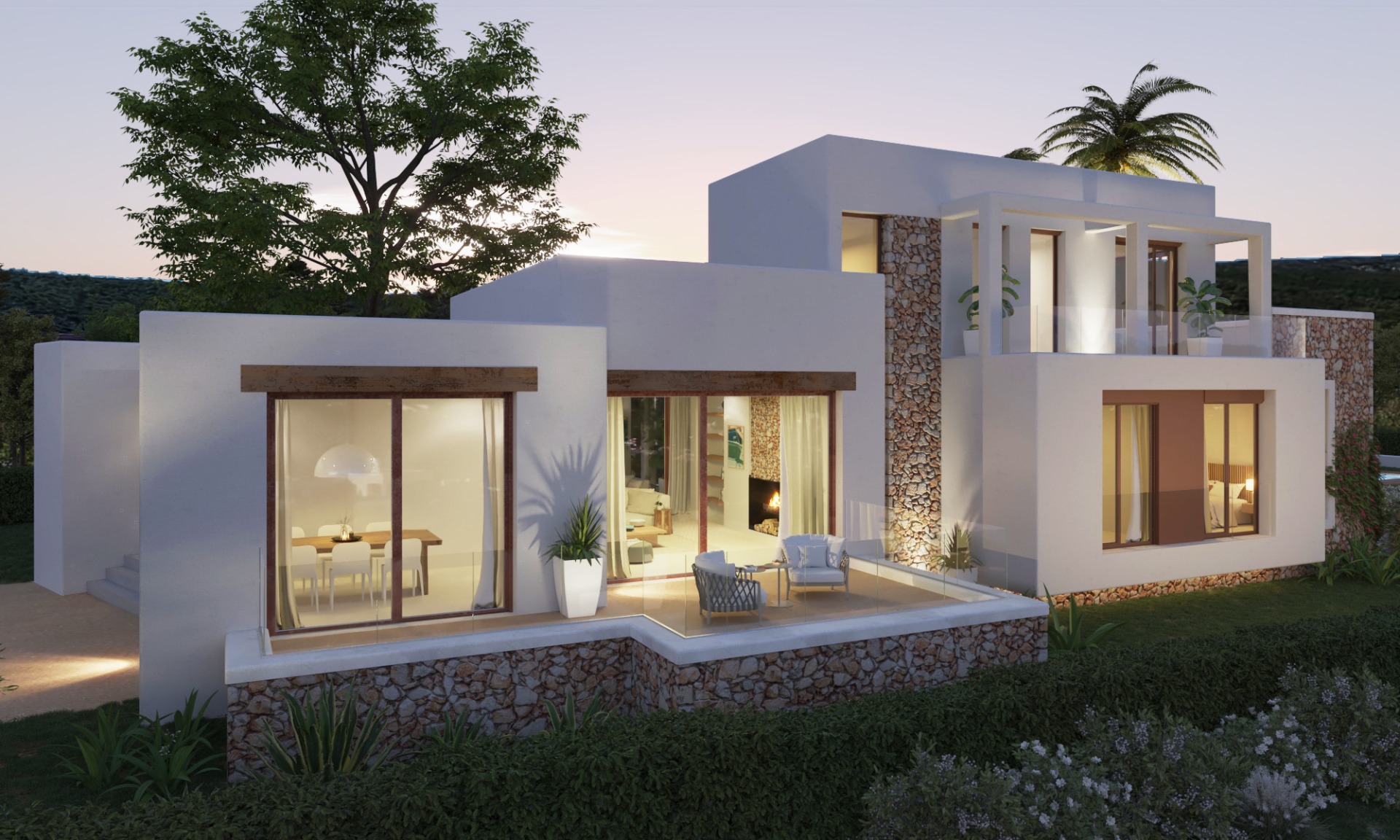 Exterior view of the modern Mediterranean villa at dusk, featuring white facades, natural stone walls, and large glass windows with wooden lintels.