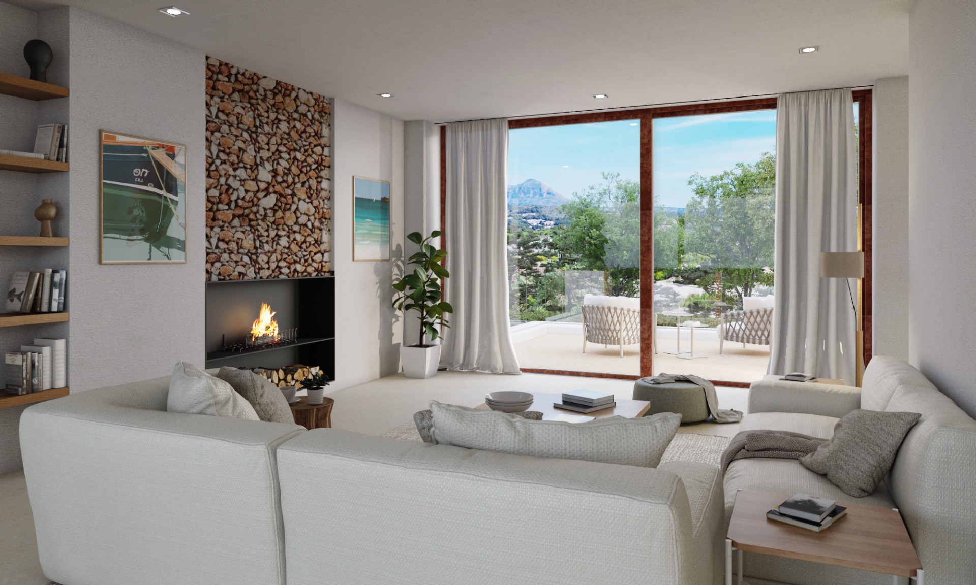 Modern living room featuring a recessed fireplace with a natural stone wall, floor-to-ceiling glass doors opening to a terrace with Montgó mountain views.