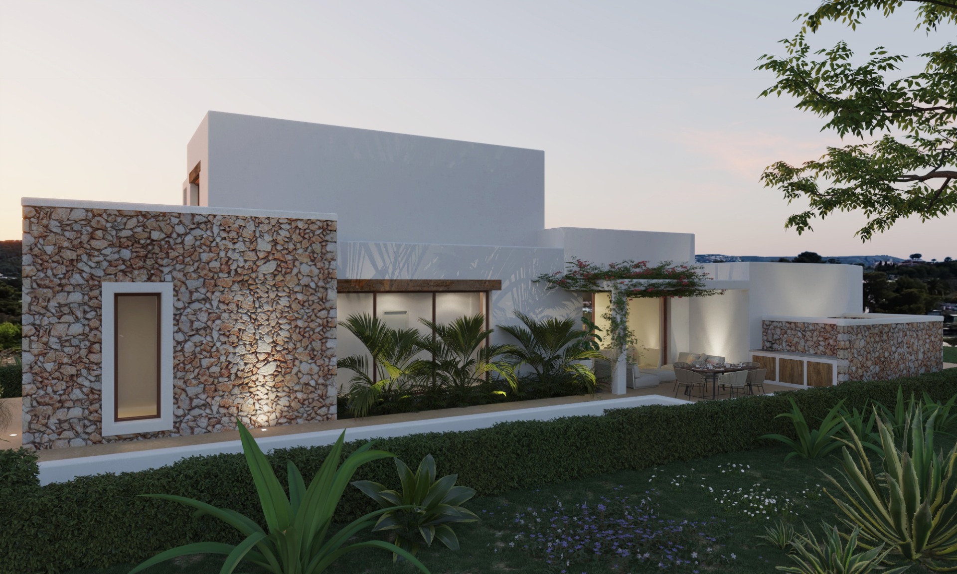 Modern villa exterior featuring dry stone walls, white facades, and a landscaped garden. Includes an outdoor dining area under a pergola and integrated evening lighting.