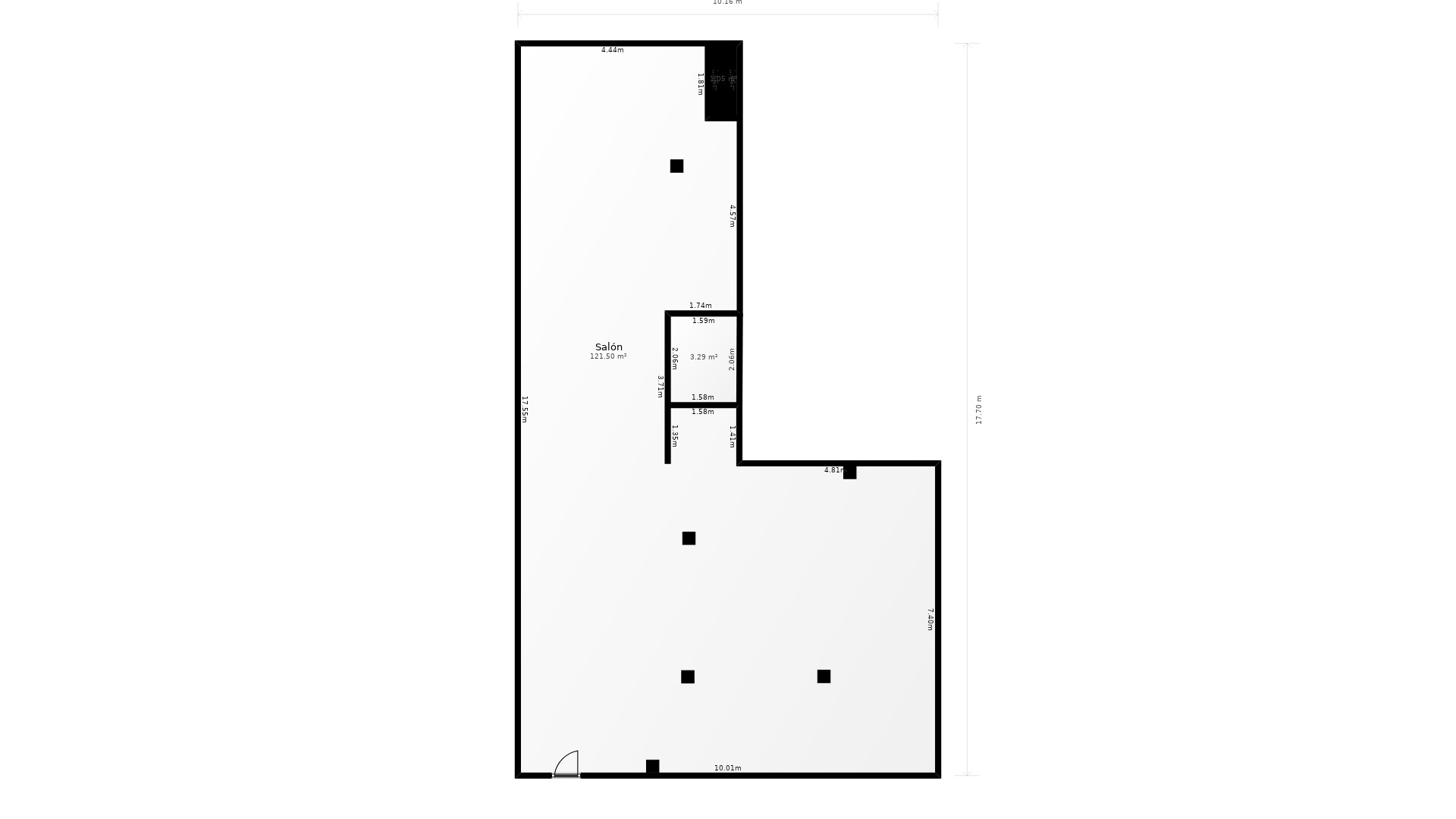 Detailed technical floor plan showing the L-shaped open-plan layout, including precise dimensions and structural pillars of the commercial space.