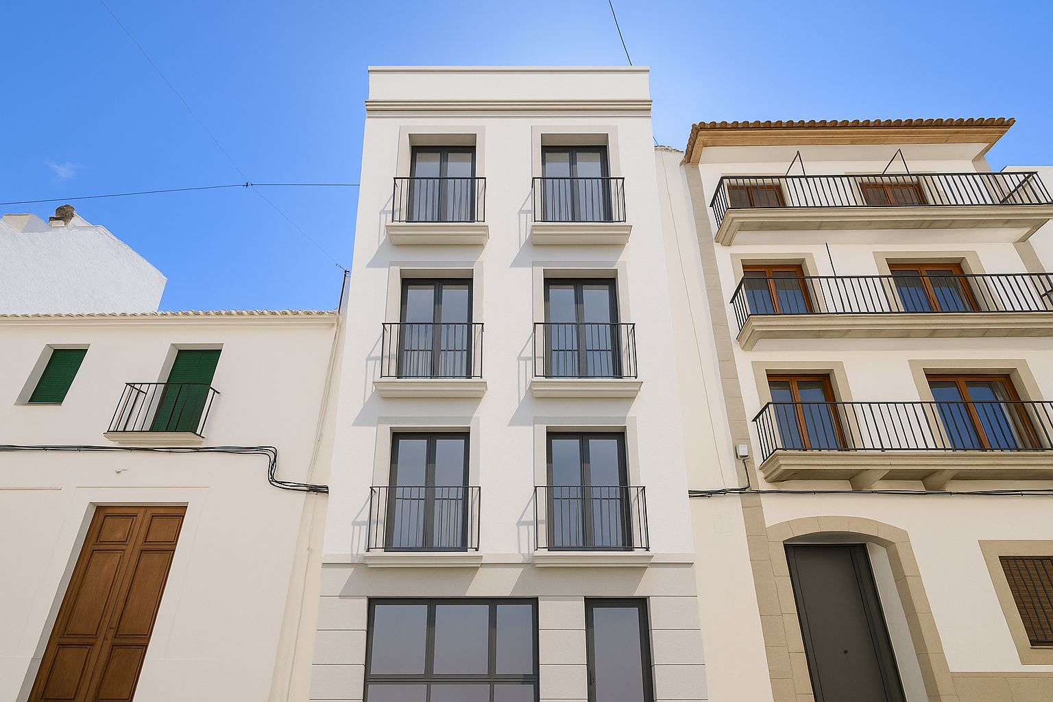 Four-story exterior facade featuring black wrought-iron Juliet balconies and large ground-floor windows, located in the historic center of Jávea.