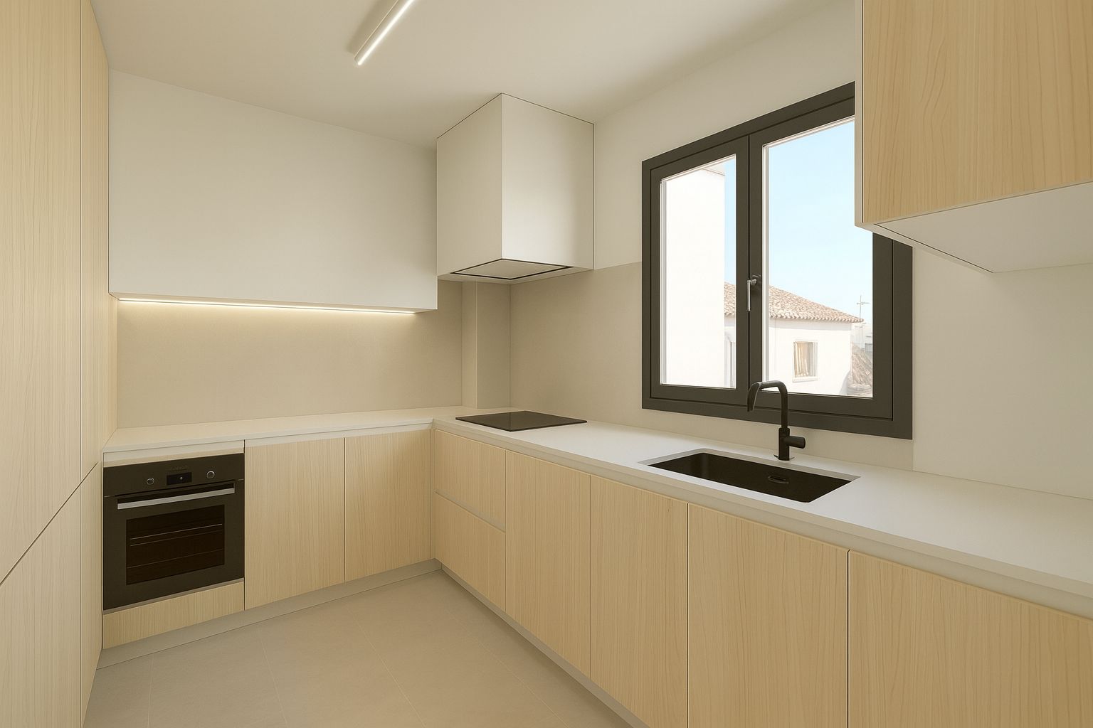 Minimalist kitchen featuring light wood cabinetry, white countertops, and matte black fixtures. Integrated LED lighting and a large window provide a bright, functional workspace.