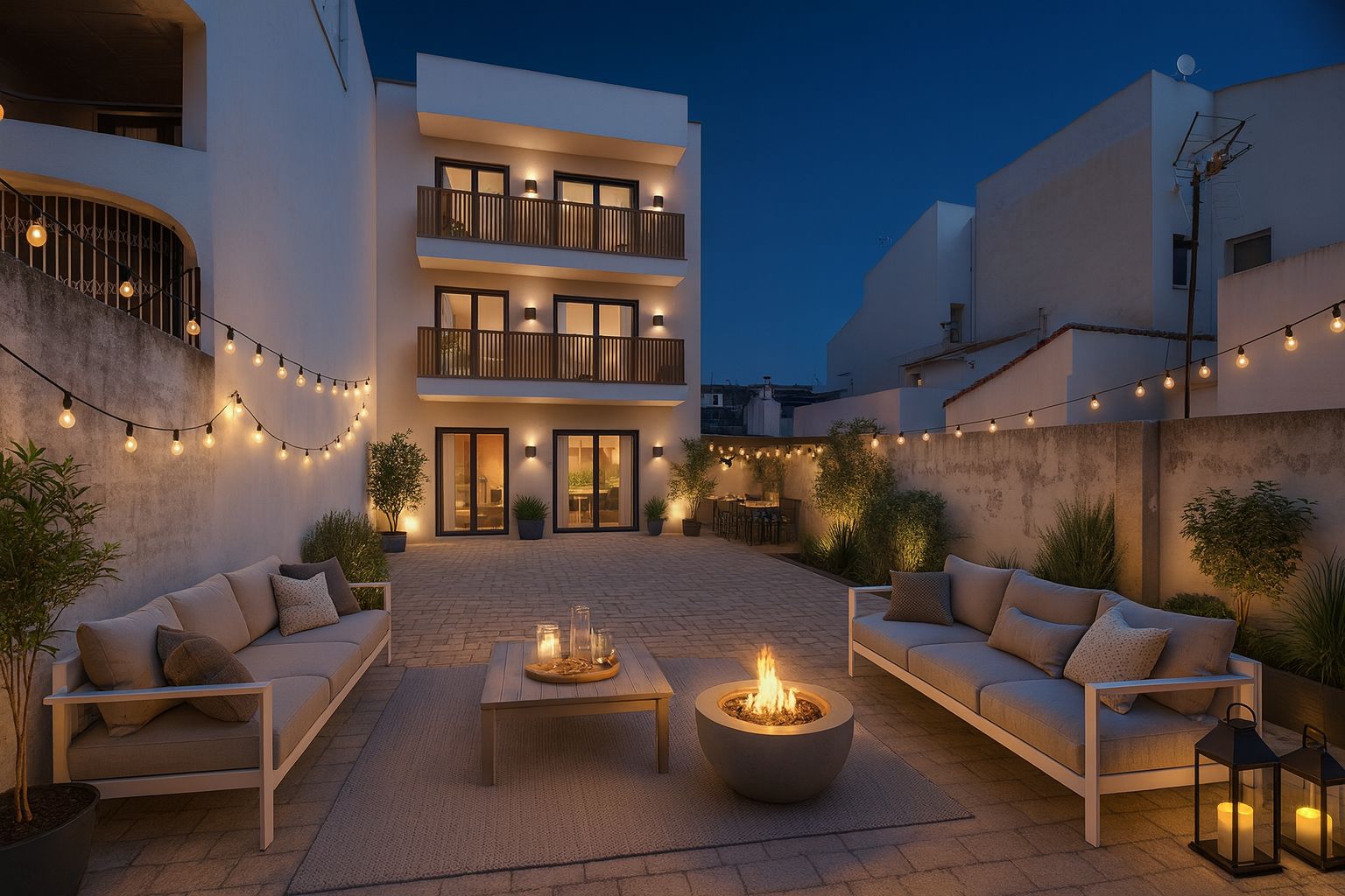 Paved interior courtyard featuring a lounge area with a fire pit, string lighting, and modern sofas. The white building facade includes balconies and large glass doors.