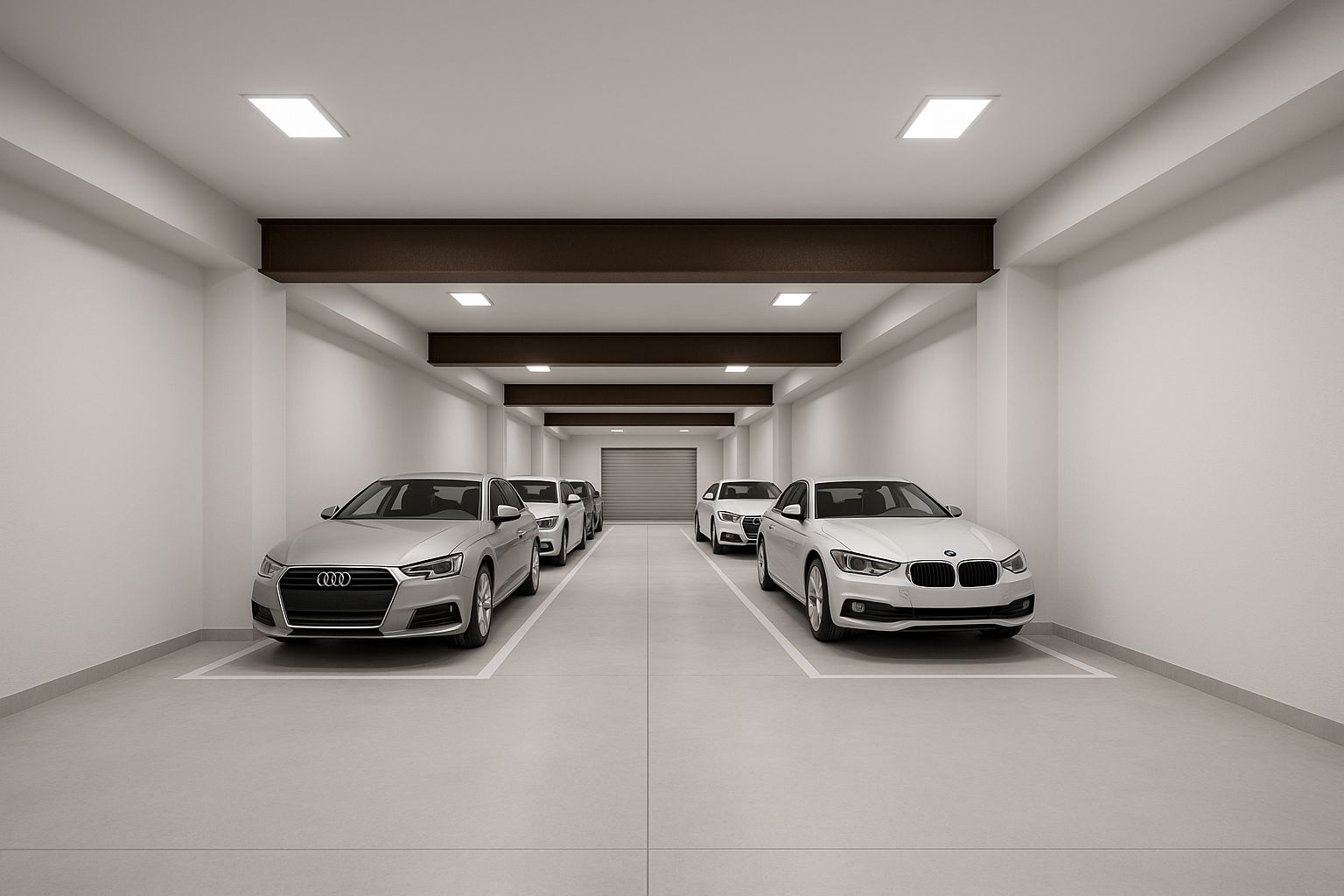 Spacious indoor garage featuring exposed structural beams, recessed LED lighting, and marked parking bays for multiple vehicles with a clean, minimalist finish.