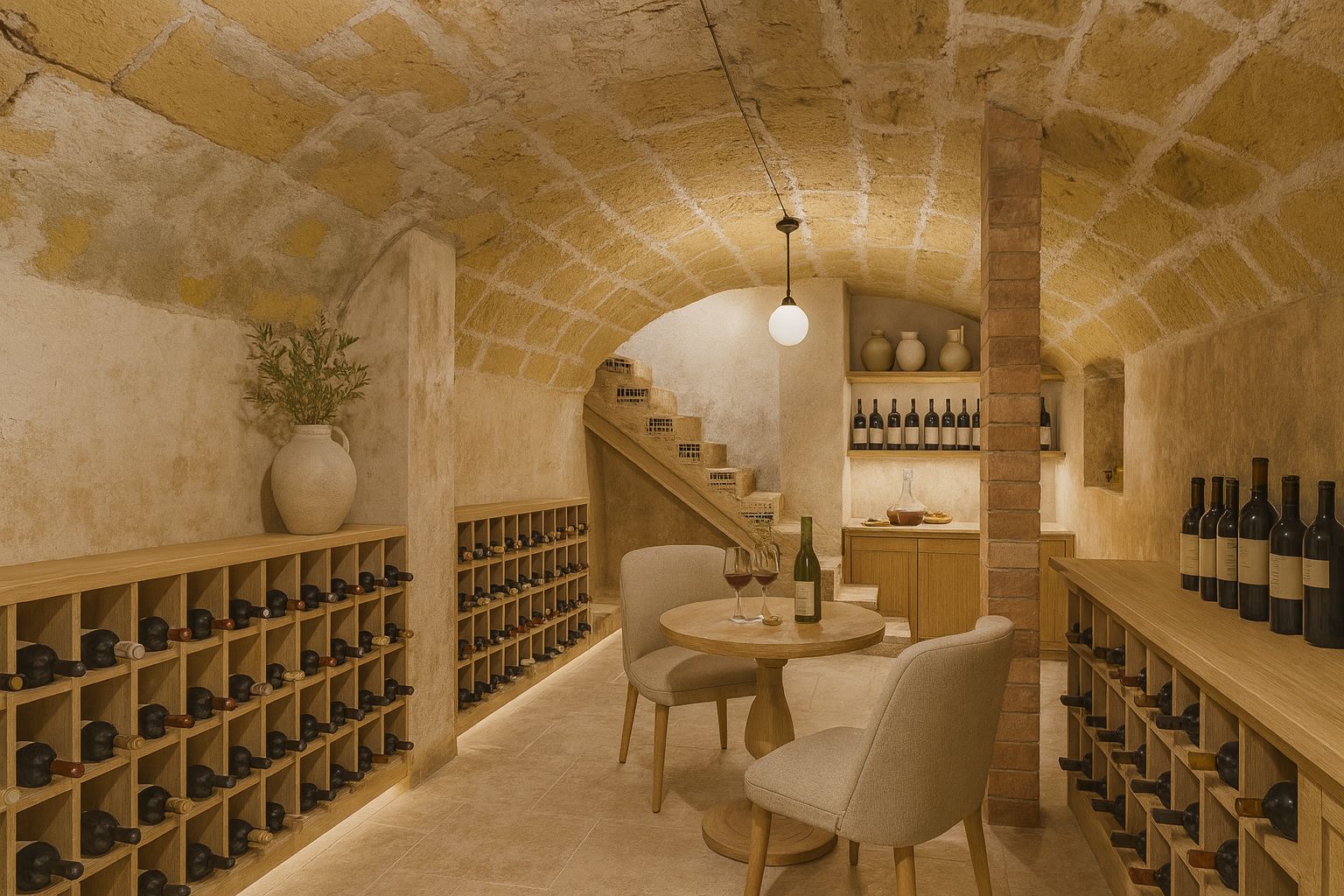 Basement wine cellar featuring original vaulted tosca stone ceilings, integrated wooden shelving with warm LED lighting, and a central tasting area.