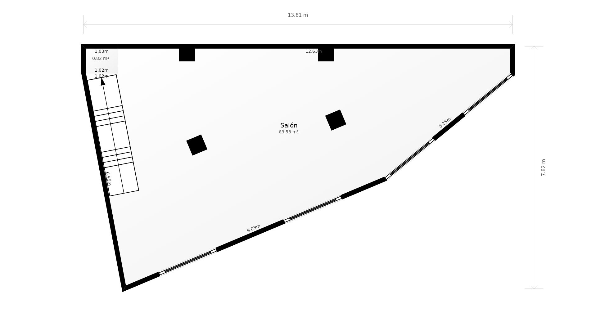 Detailed floor plan of the 63.58 m² living area, featuring an irregular layout with structural pillars, staircase access, and extensive window sections.