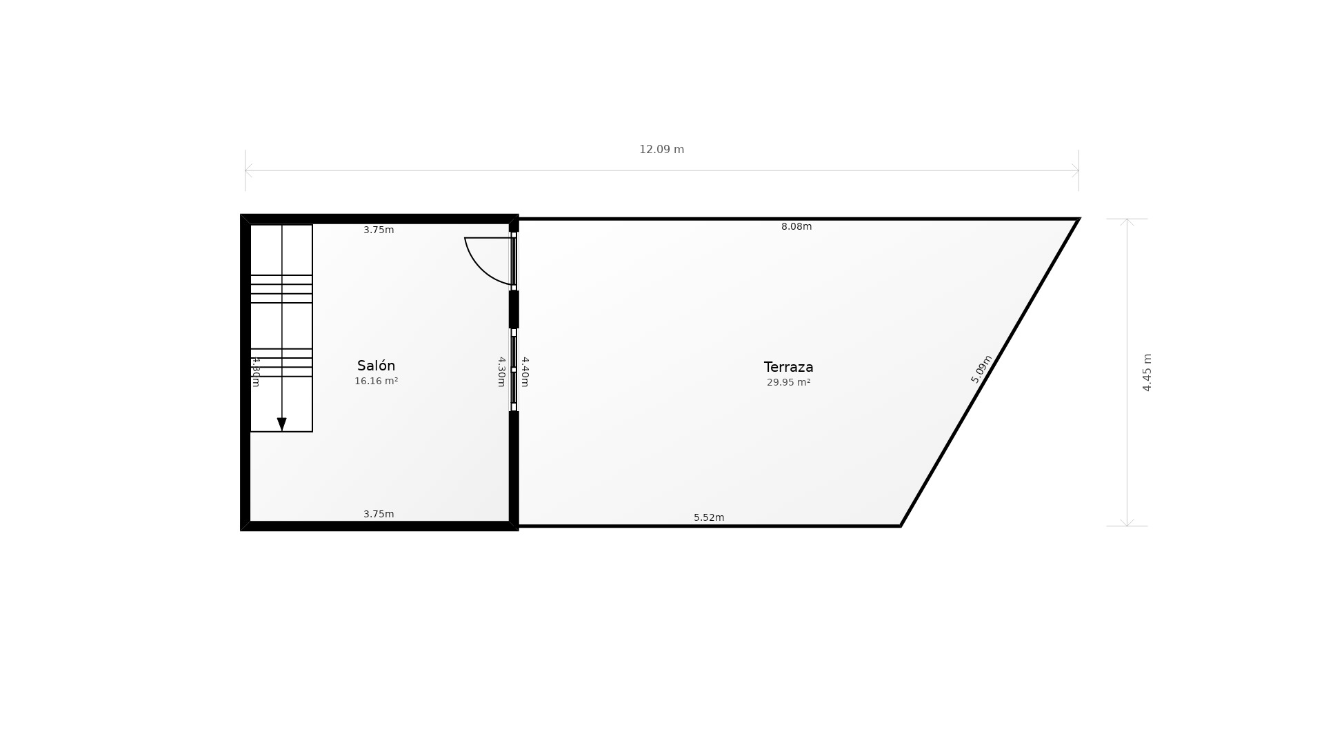 Detailed floor plan of the upper level featuring a 16.16 m² living area and an expansive 29.95 m² outdoor terrace with staircase access.