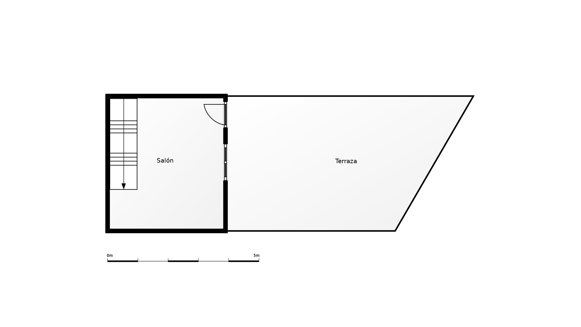 Detailed floor plan of the upper level showing the living room layout with staircase and direct access to a large outdoor terrace.