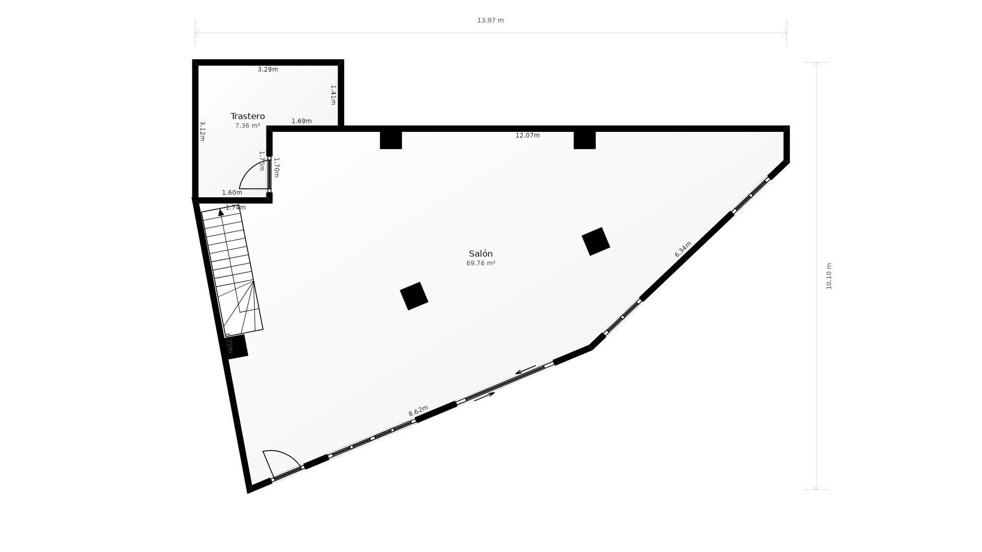 Detailed technical floor plan of the main level featuring a 69.76 m² open-plan area, a 7.36 m² storage room, and the access staircase layout.