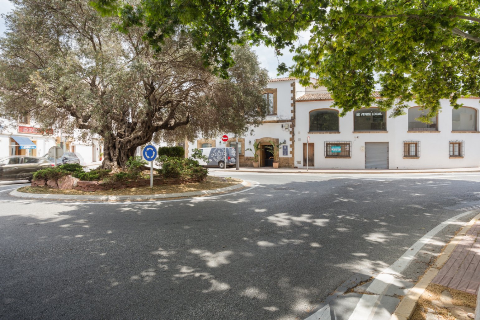 Exterior corner facade located by a tree-lined roundabout, featuring traditional tosca stone frames and large upper-floor windows.
