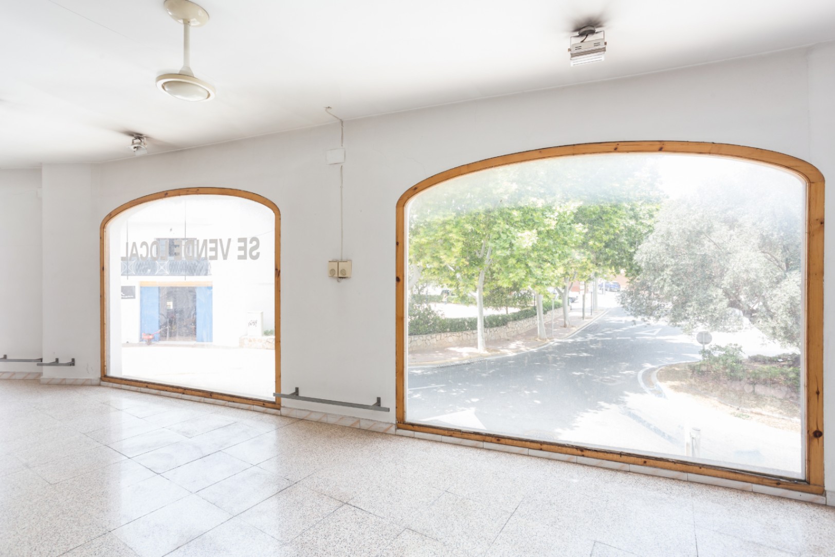 Main floor featuring large arched windows with wooden frames providing abundant natural light. The space includes polished terrazzo flooring and views of the tree-lined street.