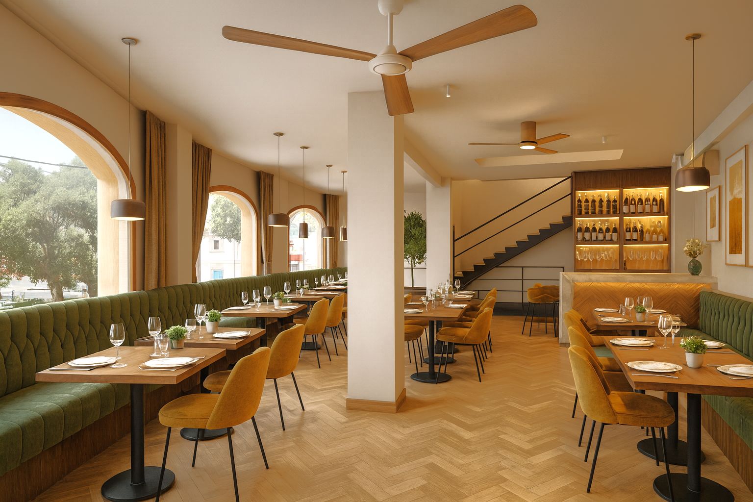 Main hall featuring arched windows, herringbone wood flooring, green tufted banquette seating, and a modern staircase to the upper level.