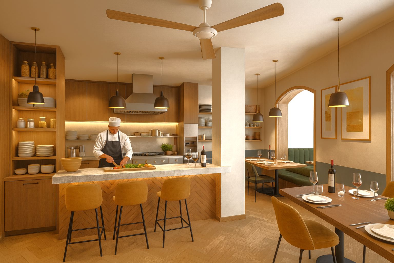 Open-concept designer kitchen featuring a marble breakfast bar, herringbone wood paneling, and an integrated dining area with warm pendant lighting.