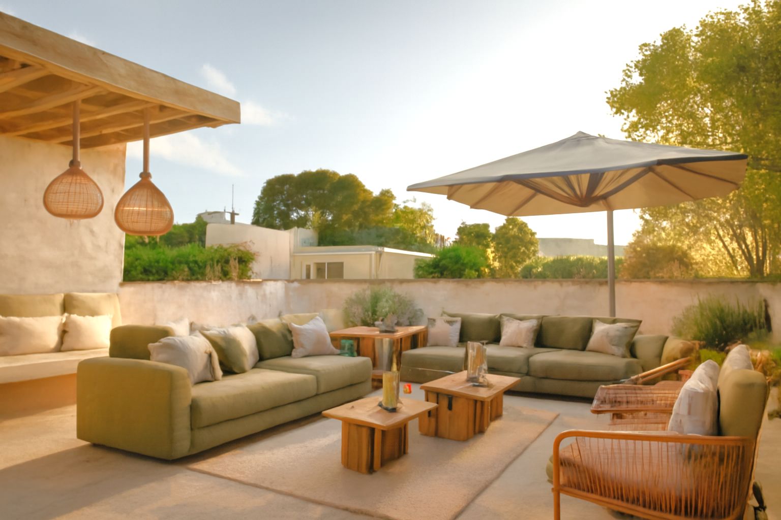 Upper terrace featuring a chill-out area with olive green sofas, natural wood tables, and wicker pendant lighting under a rustic wooden pergola.