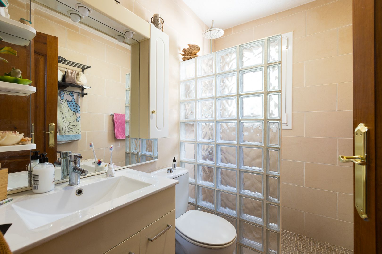 Functional bathroom featuring a modern vanity, large mirror, and a walk-in shower separated by a decorative glass block wall for natural light and privacy.