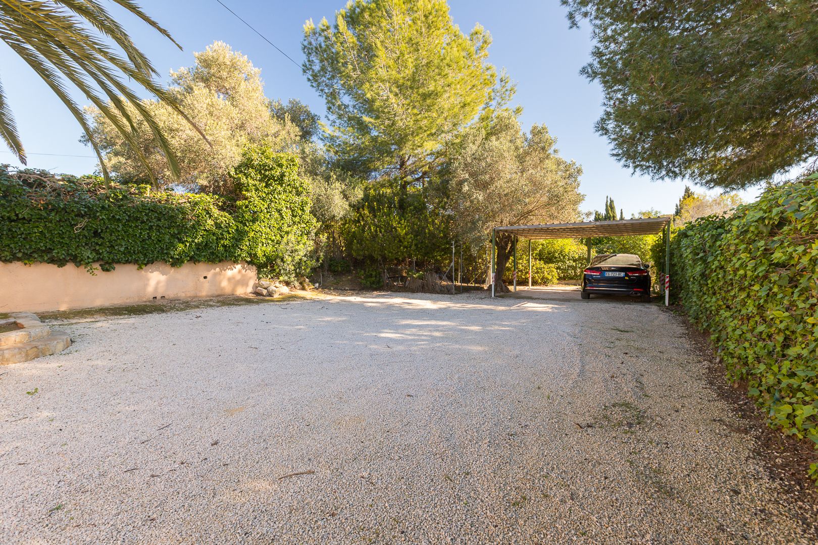 Spacious outdoor gravel parking area featuring a covered carport and surrounded by mature Mediterranean trees and ivy-covered walls.