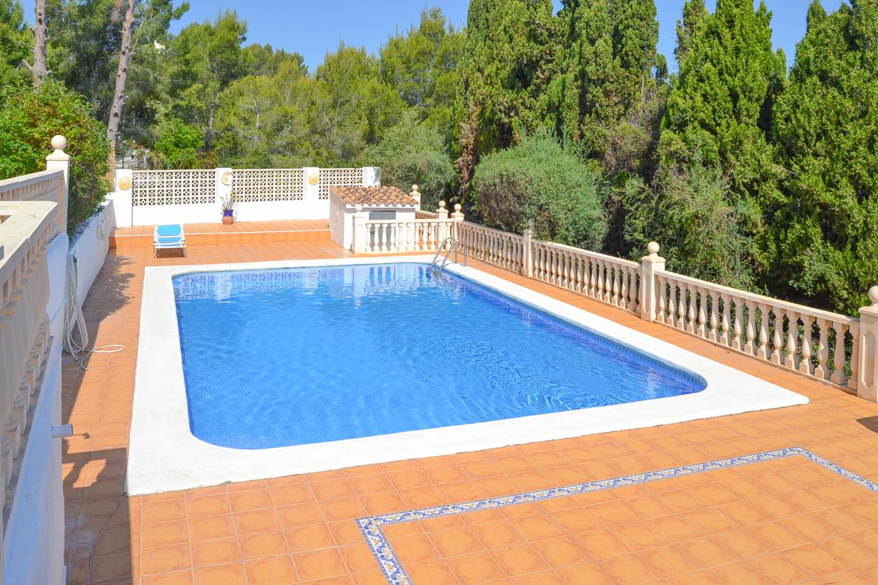 Large 12x6m rectangular pool with blue mosaic tiling, bordered by a terracotta terrace with decorative tile inlays and classic stone balustrades for privacy.
