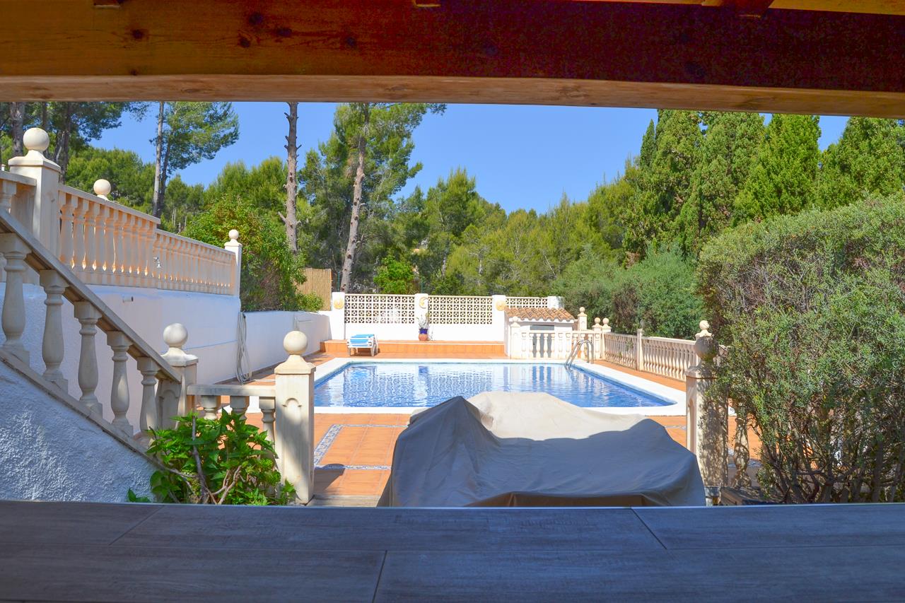 View of the 12x6 meter swimming pool from the covered bar area, featuring terracotta terraces, stone balustrades, and lush pine surroundings.