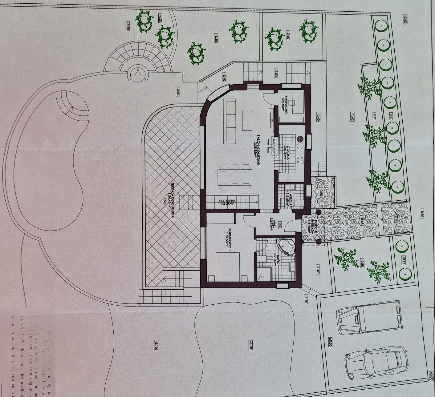 Detailed architectural plan of a villa featuring a pool, garden, and parking. Interior layout includes living room, kitchen, and bedrooms.