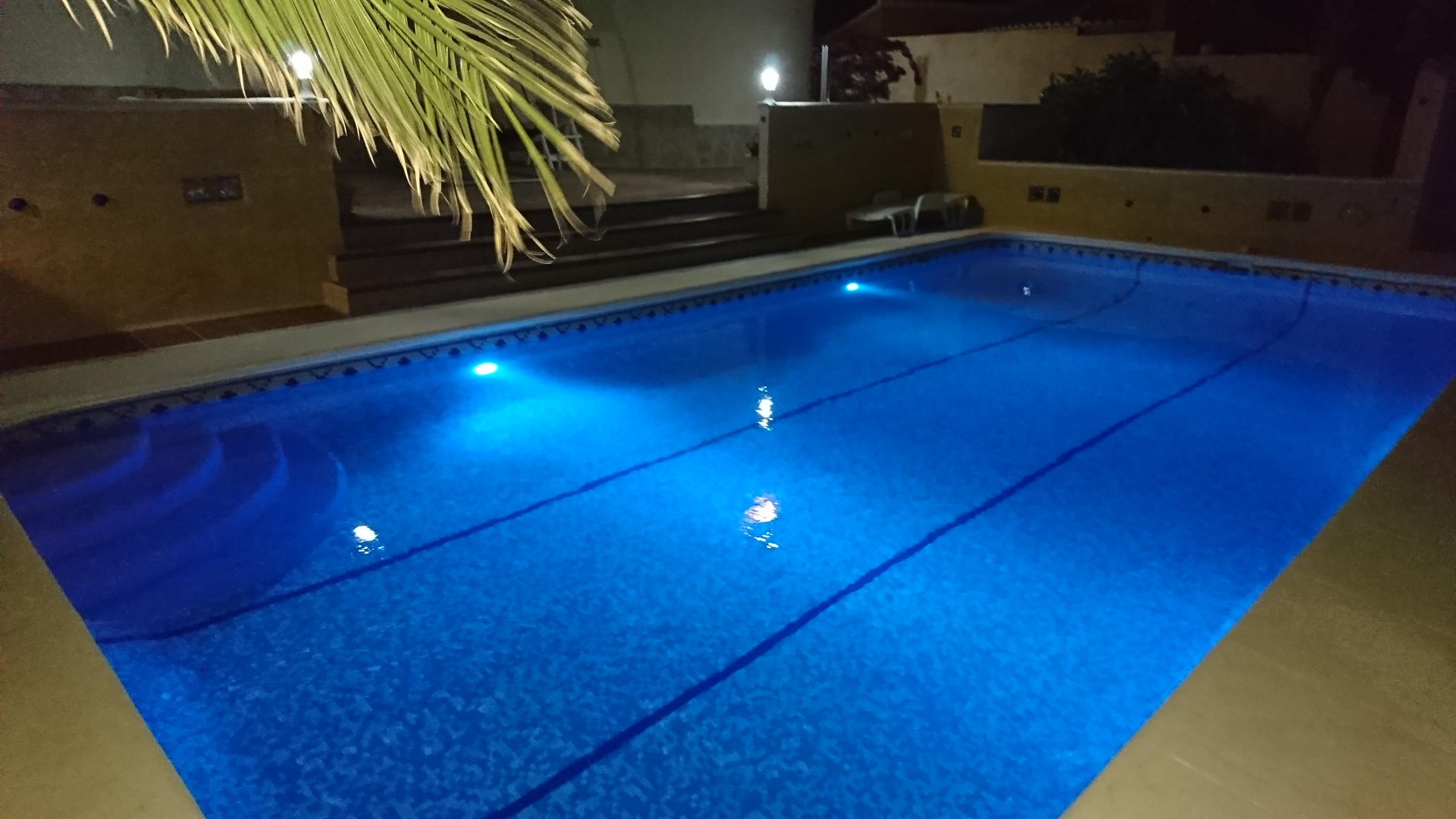 Rectangular swimming pool with blue underwater lighting, featuring Roman steps and a paved terrace under evening illumination.