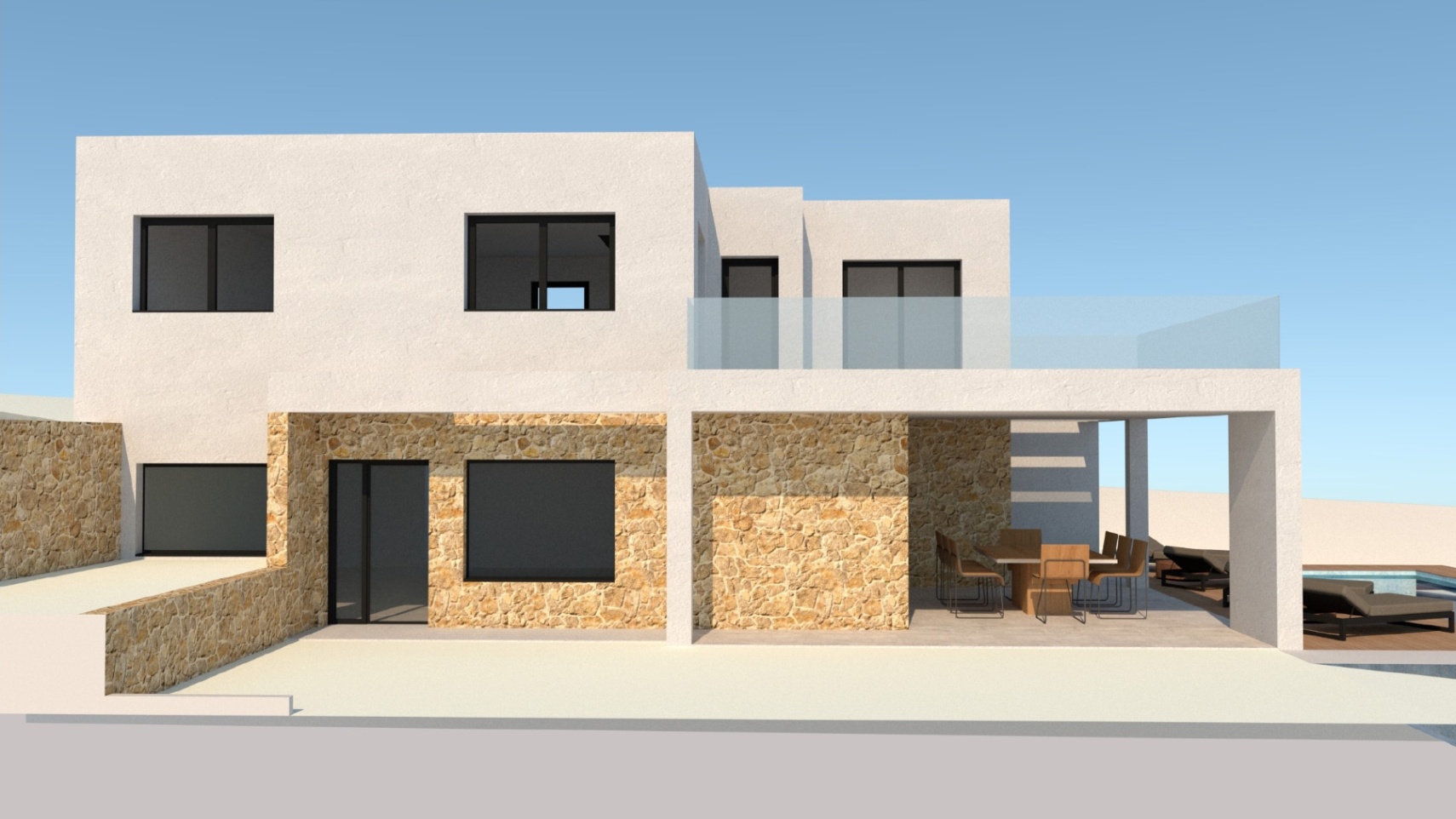 Contemporary facade combining natural stone walls with white finishes, featuring a covered porch with a dining area and sleek glass terrace railings.