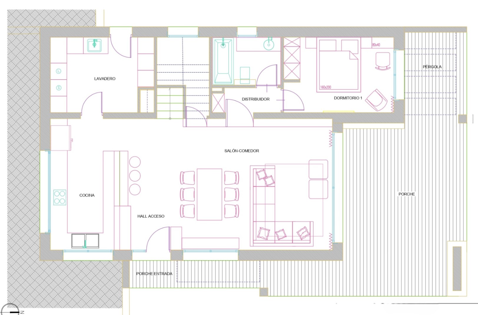 Detailed architectural floor plan featuring an open-plan living and dining area, integrated kitchen, laundry room, one bedroom, and an extensive outdoor porch with a pergola.