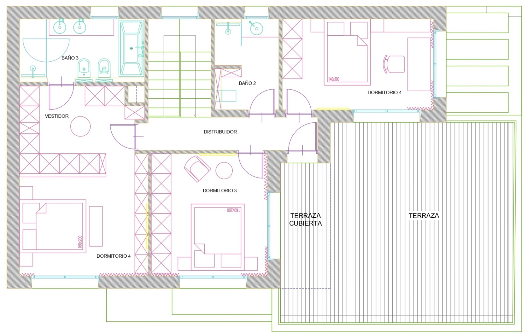 Detailed architectural floor plan of the upper floor featuring three bedrooms, two bathrooms, a walk-in closet, and an expansive terrace with a covered section.