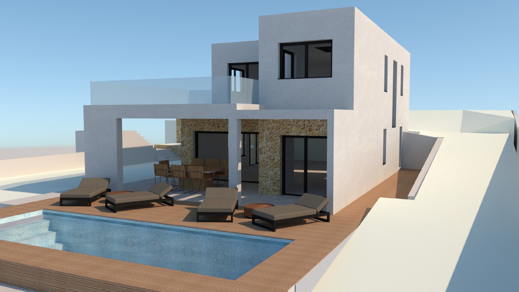 Exterior render of a modern villa featuring a rectangular pool, wooden decking, covered dining area, and white facade with natural stone accents.