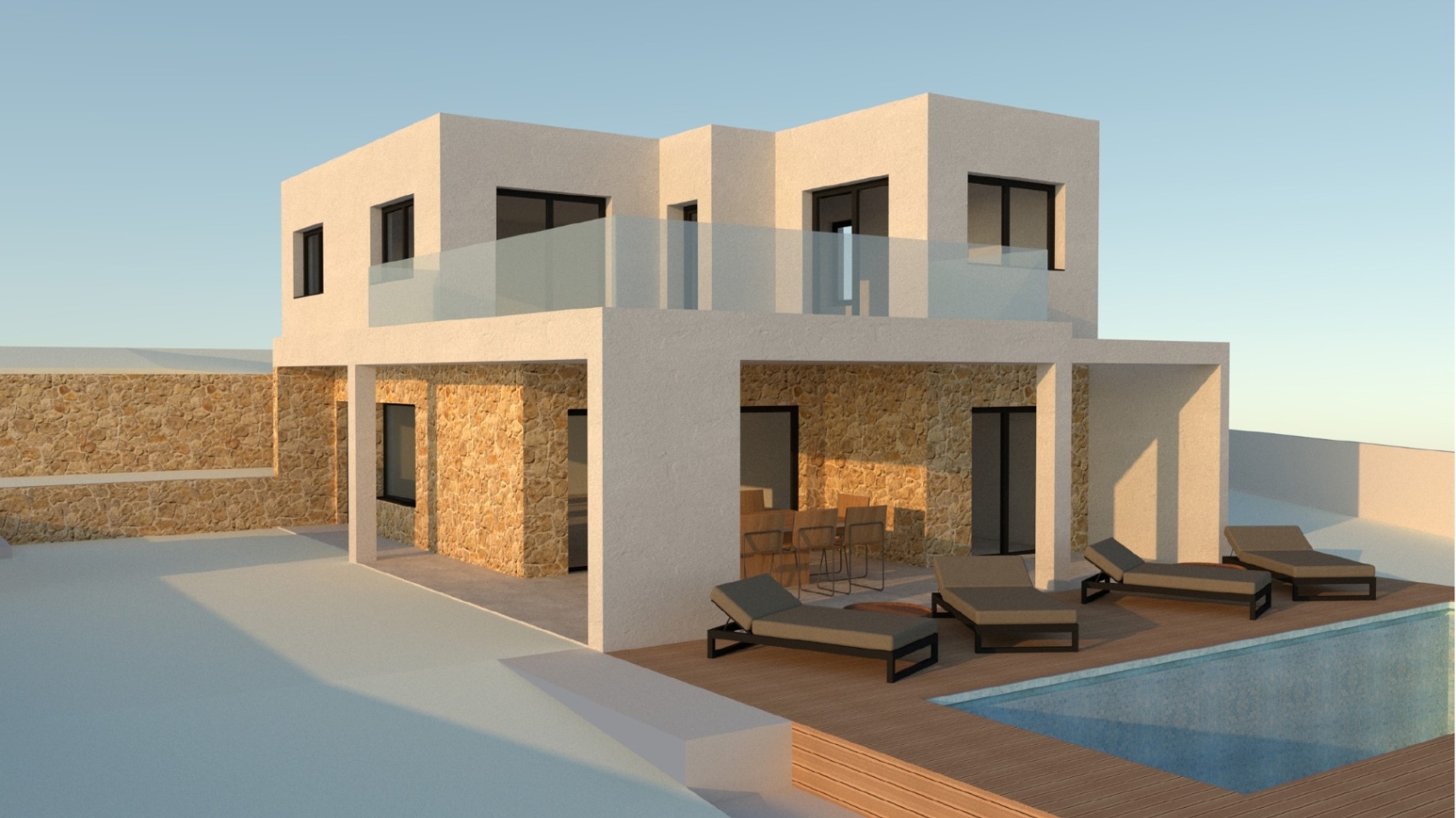 Modern villa render featuring natural stone cladding, a swimming pool with wooden decking, and a spacious upper terrace with glass balustrades.