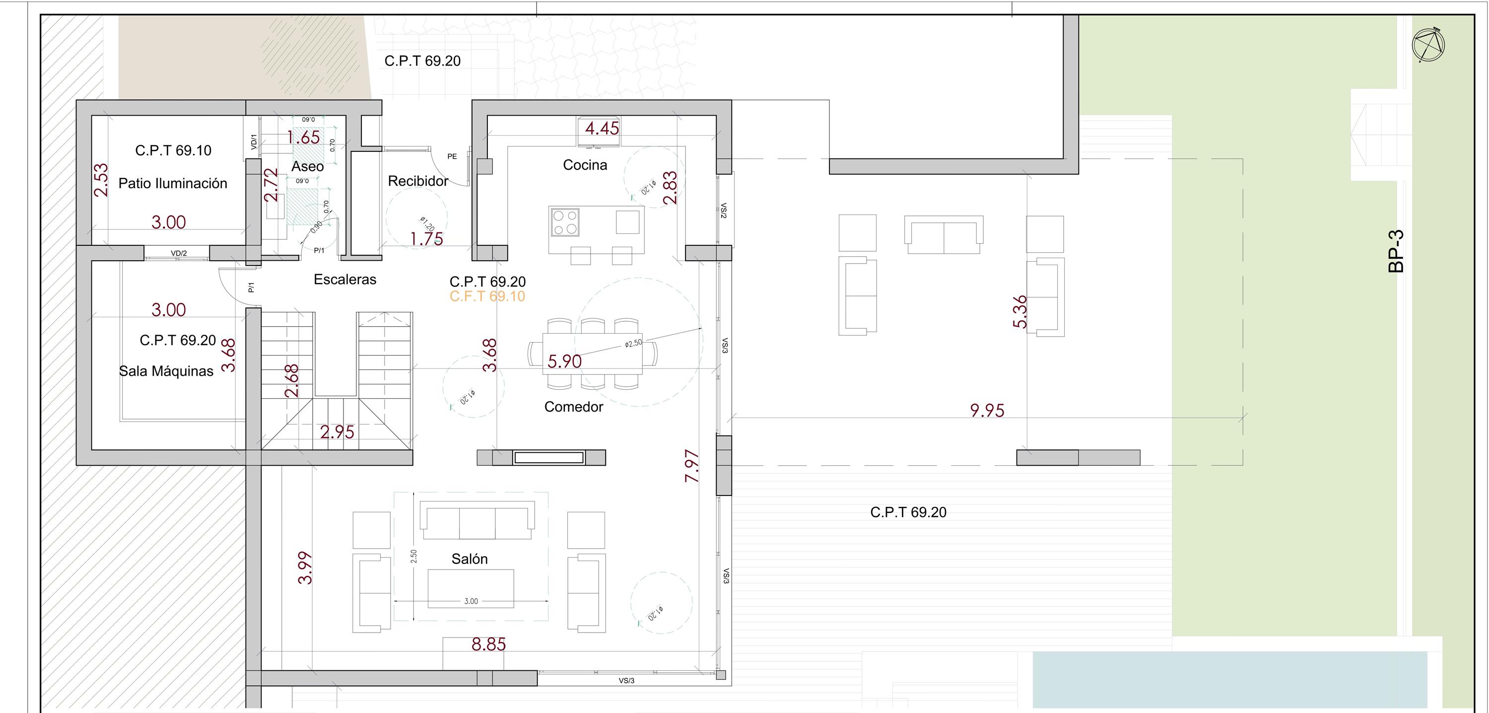 Detailed floor plan of the main level illustrating the open-plan living, dining, and kitchen areas with direct access to the terrace and pool area.