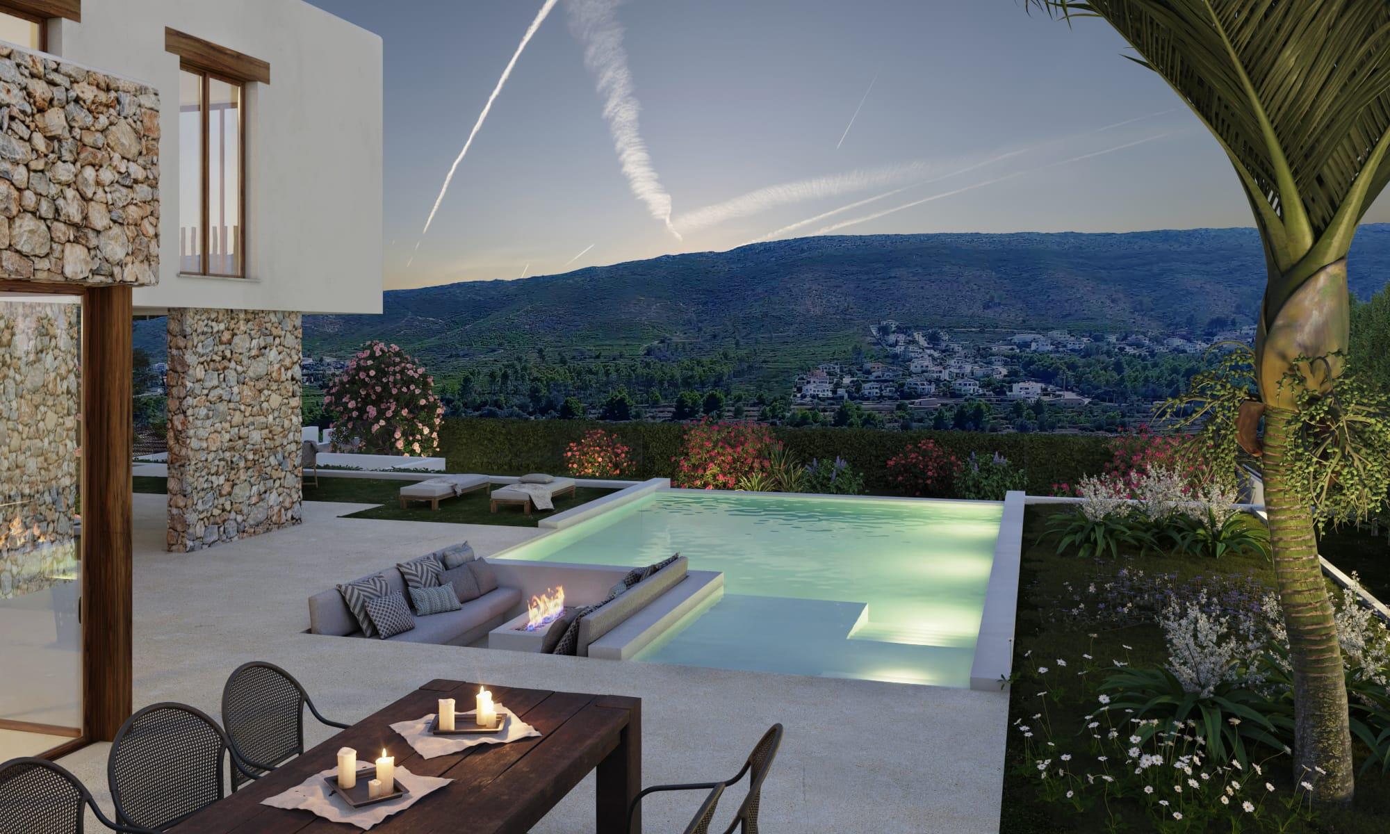 Exterior terrace featuring an illuminated infinity pool, a sunken lounge with a fire pit, and an outdoor dining area overlooking the panoramic valley and mountains.