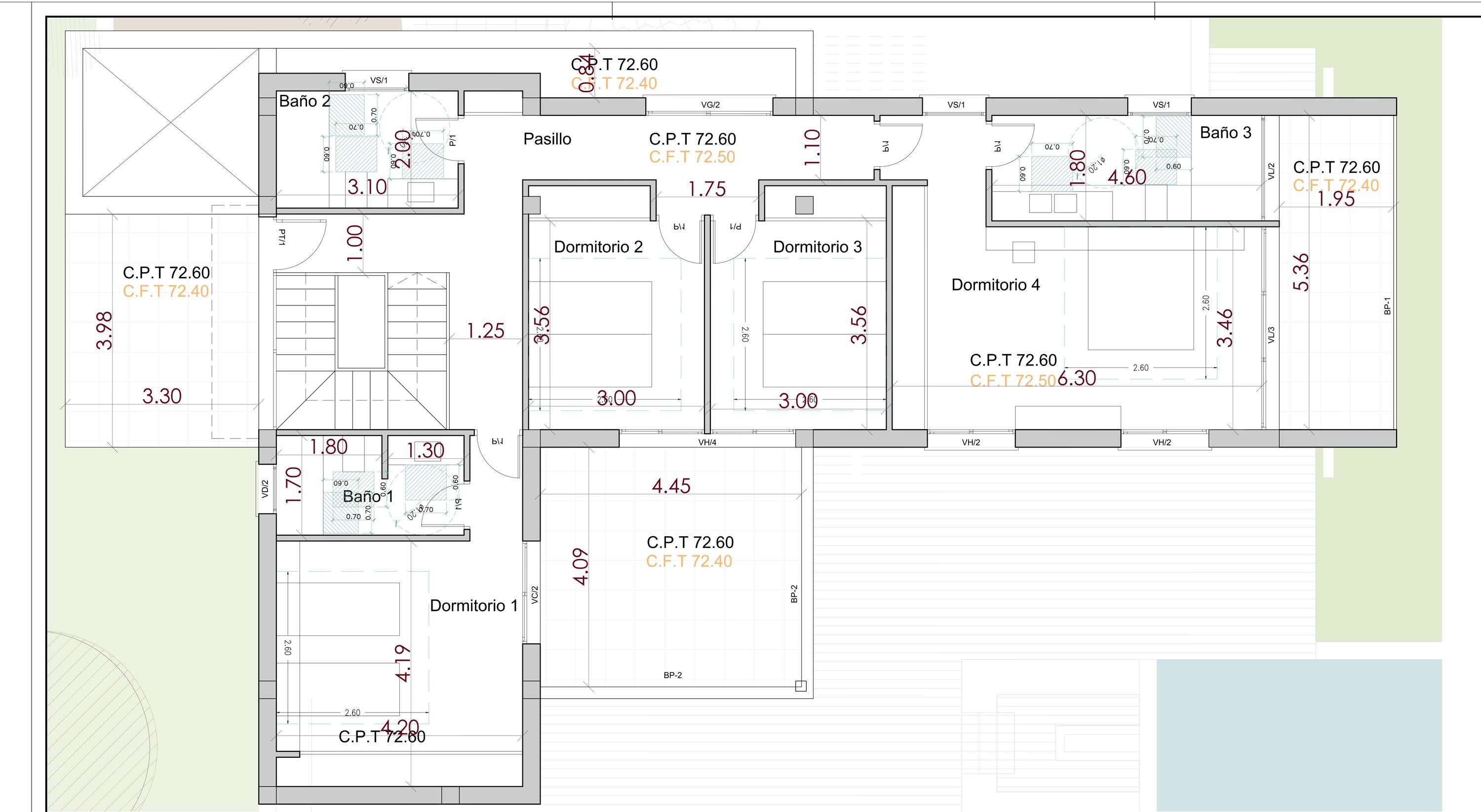 Technical floor plan of the upper level showing the layout of four bedrooms, three bathrooms, and the distribution of the surrounding terrace areas.