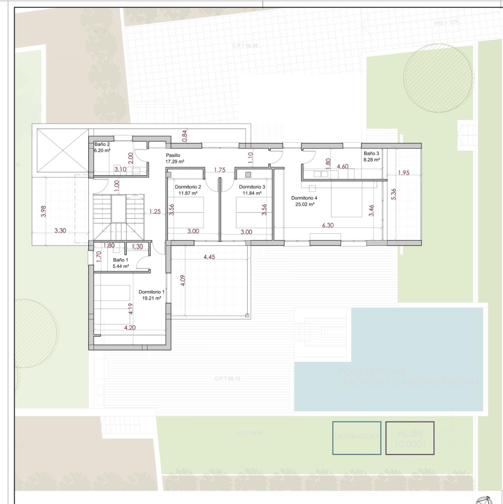 Technical floor plan of the upper level showing the layout of four bedrooms, three bathrooms, and the spatial relationship with the outdoor terraces and pool.