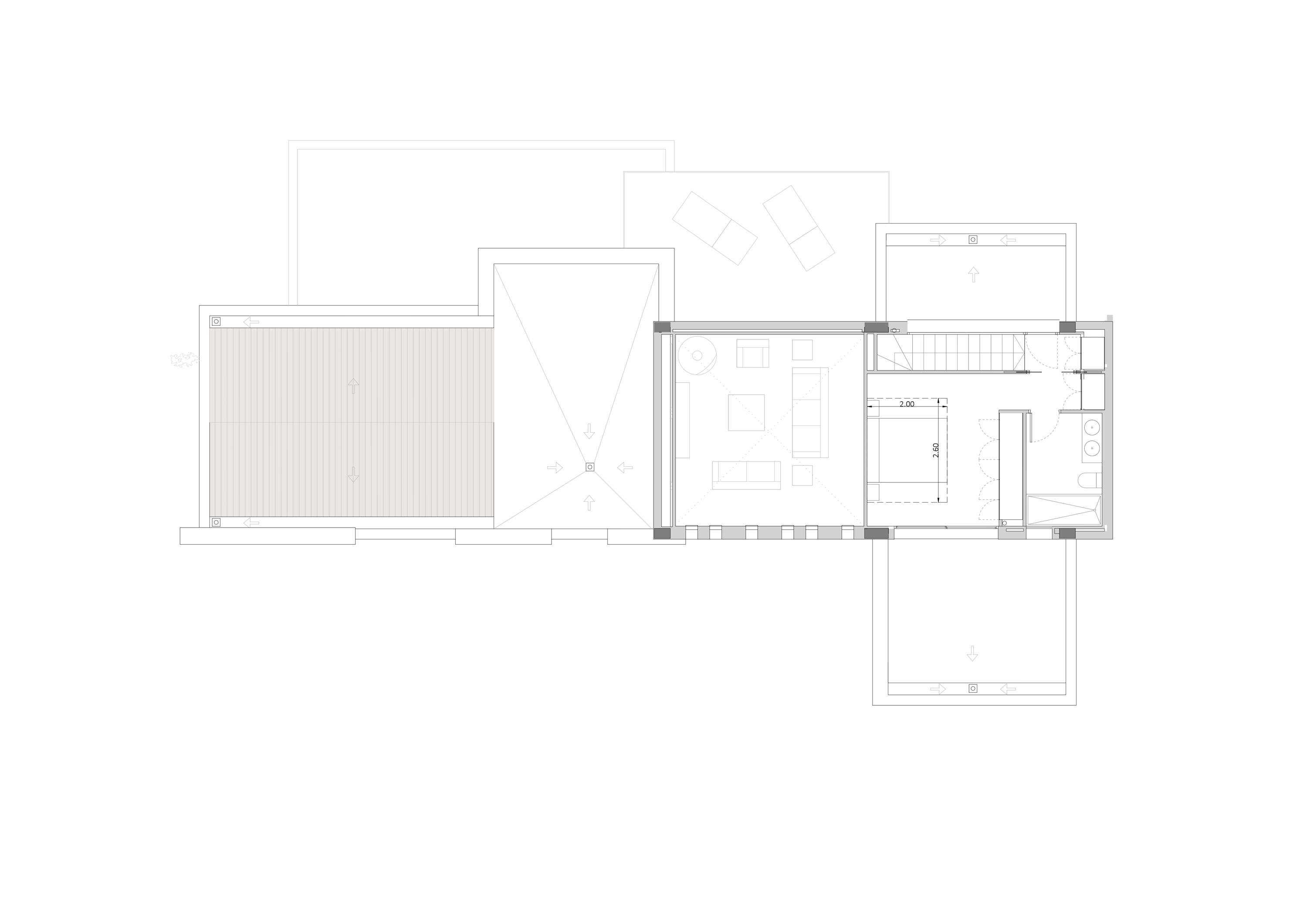 Detailed architectural floor plan of the upper level, illustrating the master suite layout with dressing area, en-suite bathroom, and expansive sun terraces.