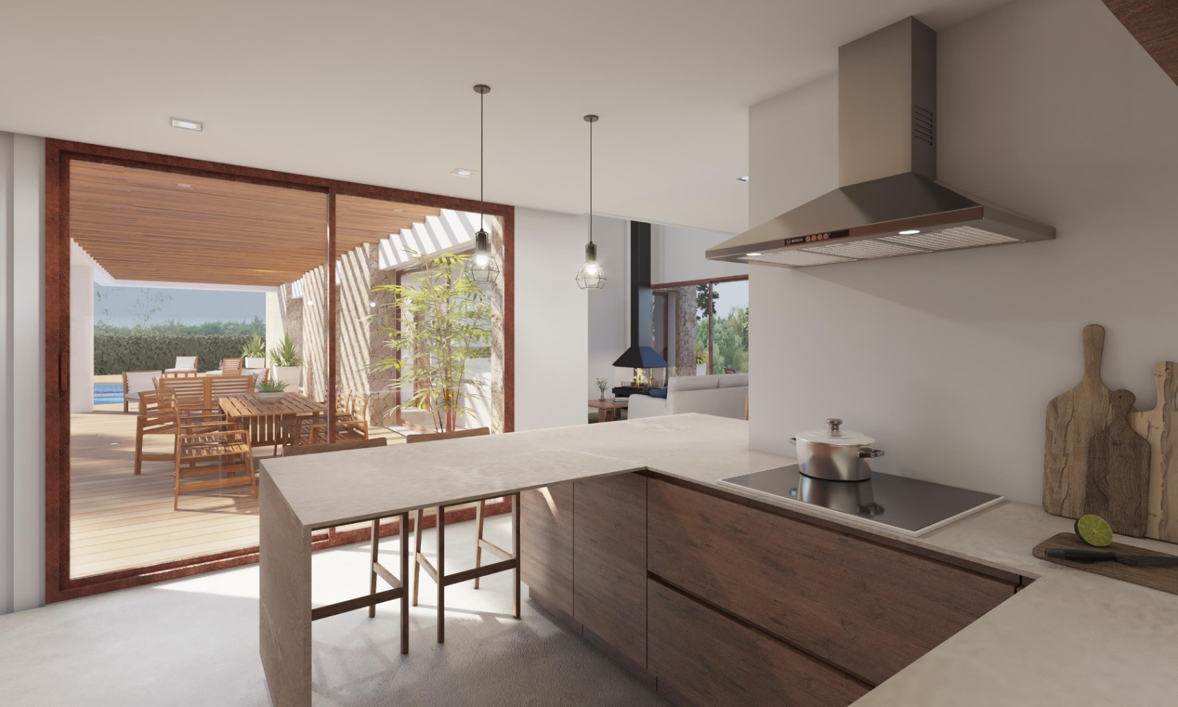 Modern kitchen featuring a stone breakfast bar, dark wood cabinetry, and seamless access to a wooden terrace through large sliding glass doors.