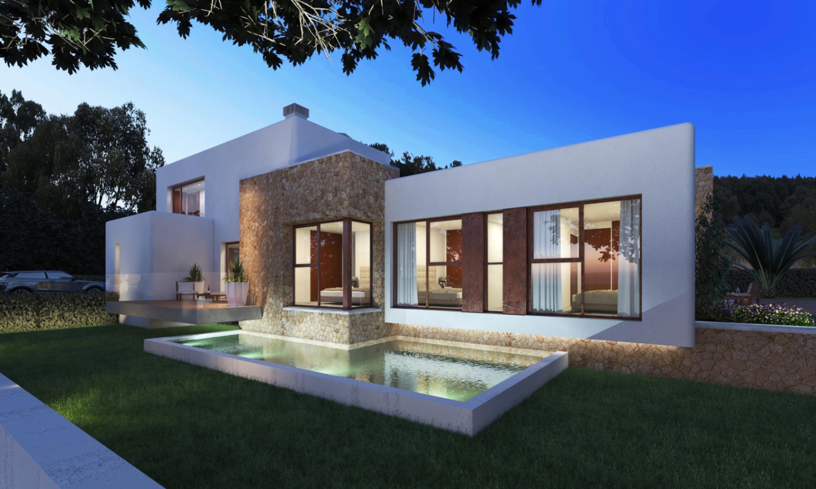 Modern villa exterior showcasing natural stone cladding, large illuminated windows, and a rectangular decorative pond integrated into the landscaped garden.