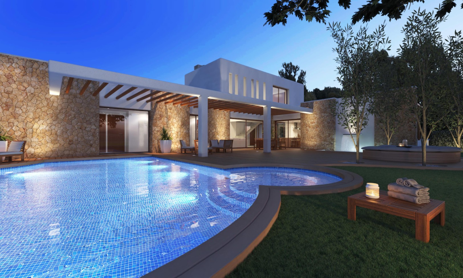 Night view of the illuminated curved pool and natural stone facade featuring wooden pergolas and large glass doors in an Ibizan-style villa.