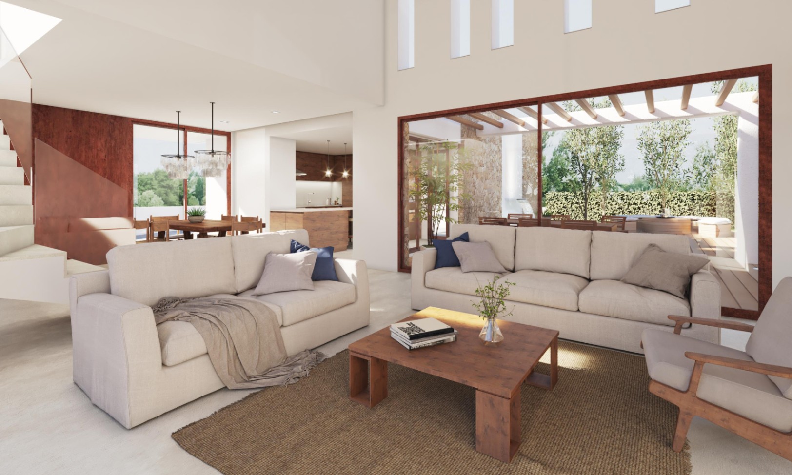 Open-plan living area featuring floor-to-ceiling windows, neutral-toned sofas, and a wooden coffee table. High ceilings and natural light connect the space to the terrace and kitchen.