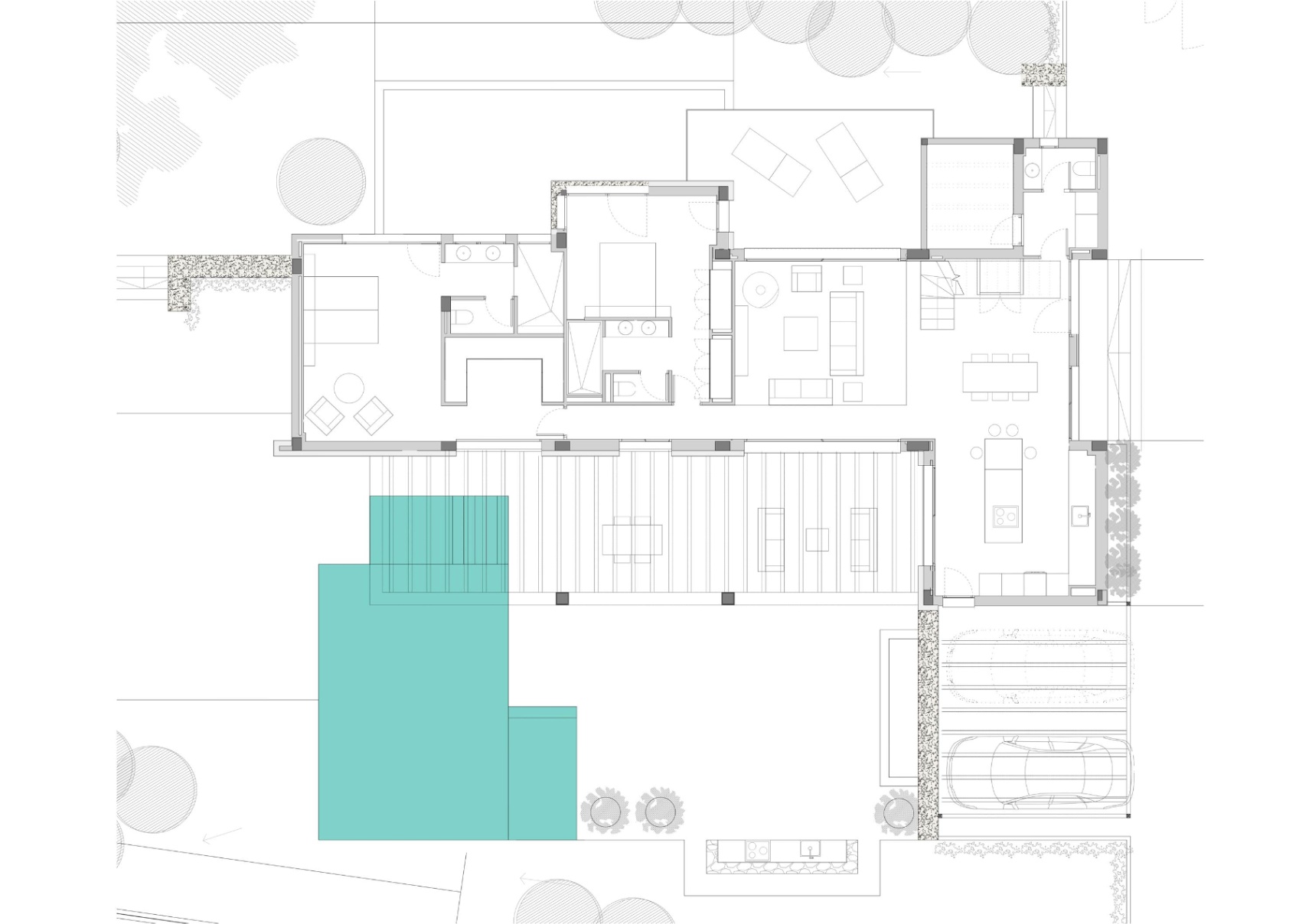 Technical ground floor plan showing the layout of three bedrooms, open-plan living area, double garage, and the expansive outdoor pool and terrace.