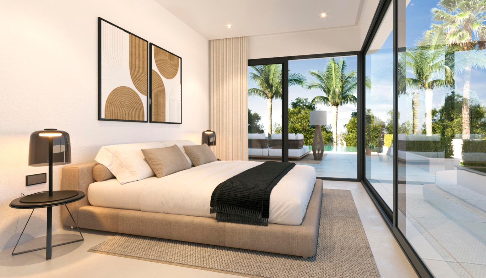 Master bedroom featuring floor-to-ceiling glass doors with direct terrace access and pool views. Minimalist interior with neutral textiles and recessed lighting.