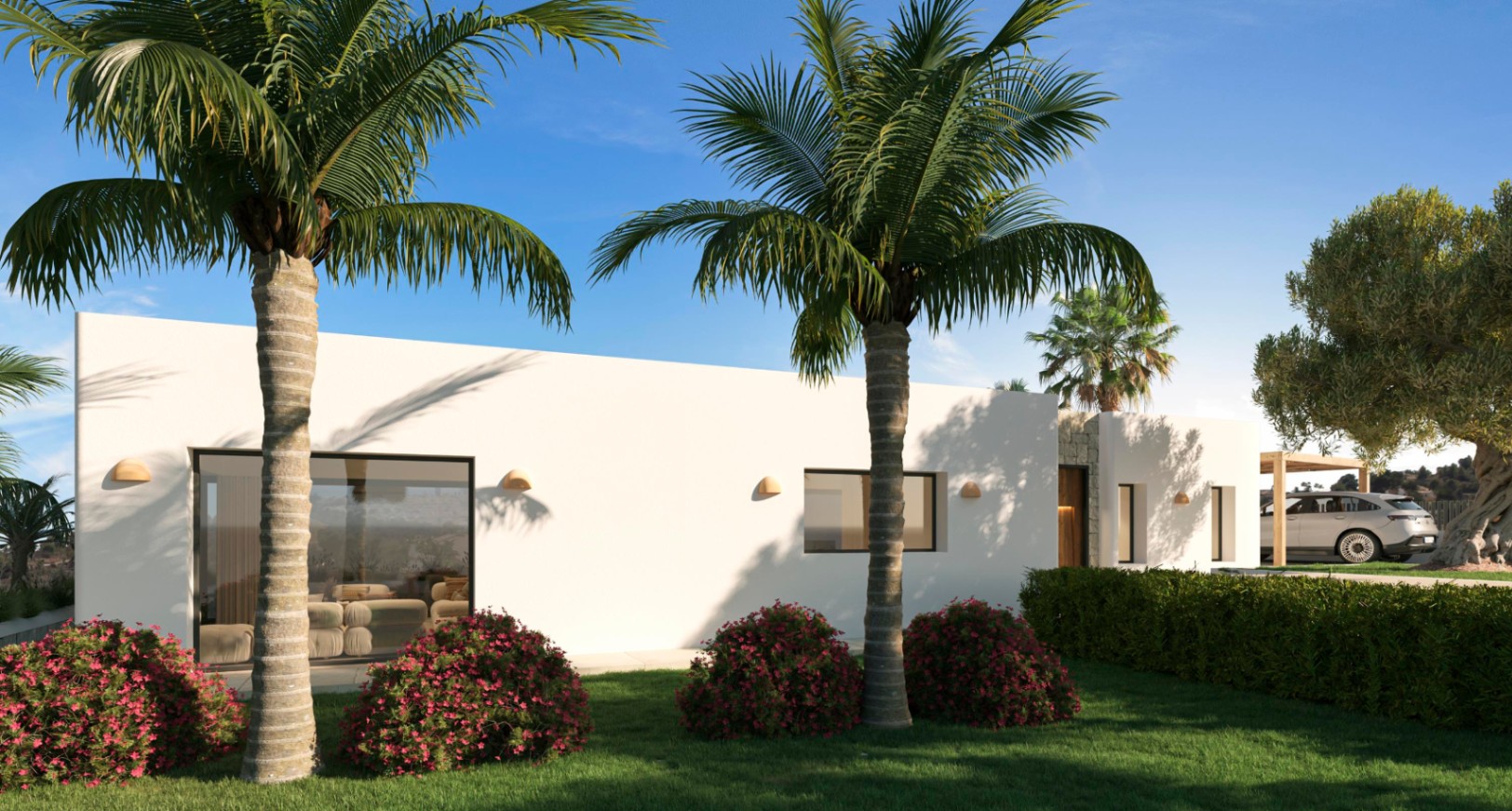 Minimalist white facade with large windows, surrounded by a landscaped garden with palm trees, flowering shrubs, and a wooden pergola carport.