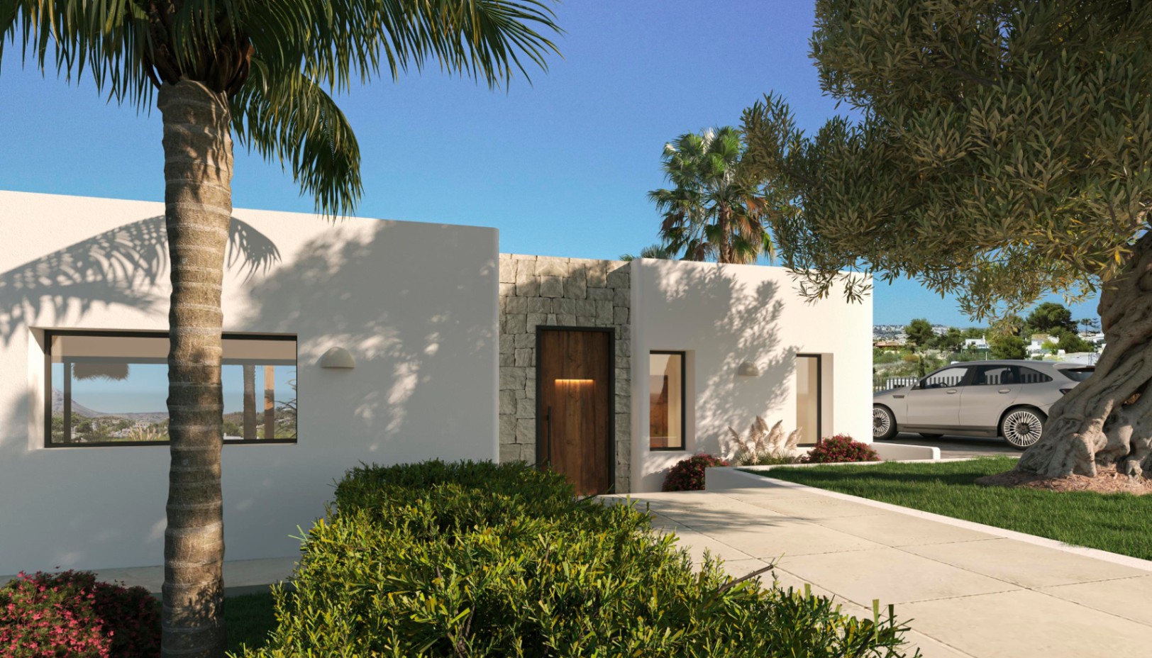 Modern Mediterranean facade featuring white walls, natural stone accents, and a wooden entrance door, set within a landscaped garden with palm and olive trees.