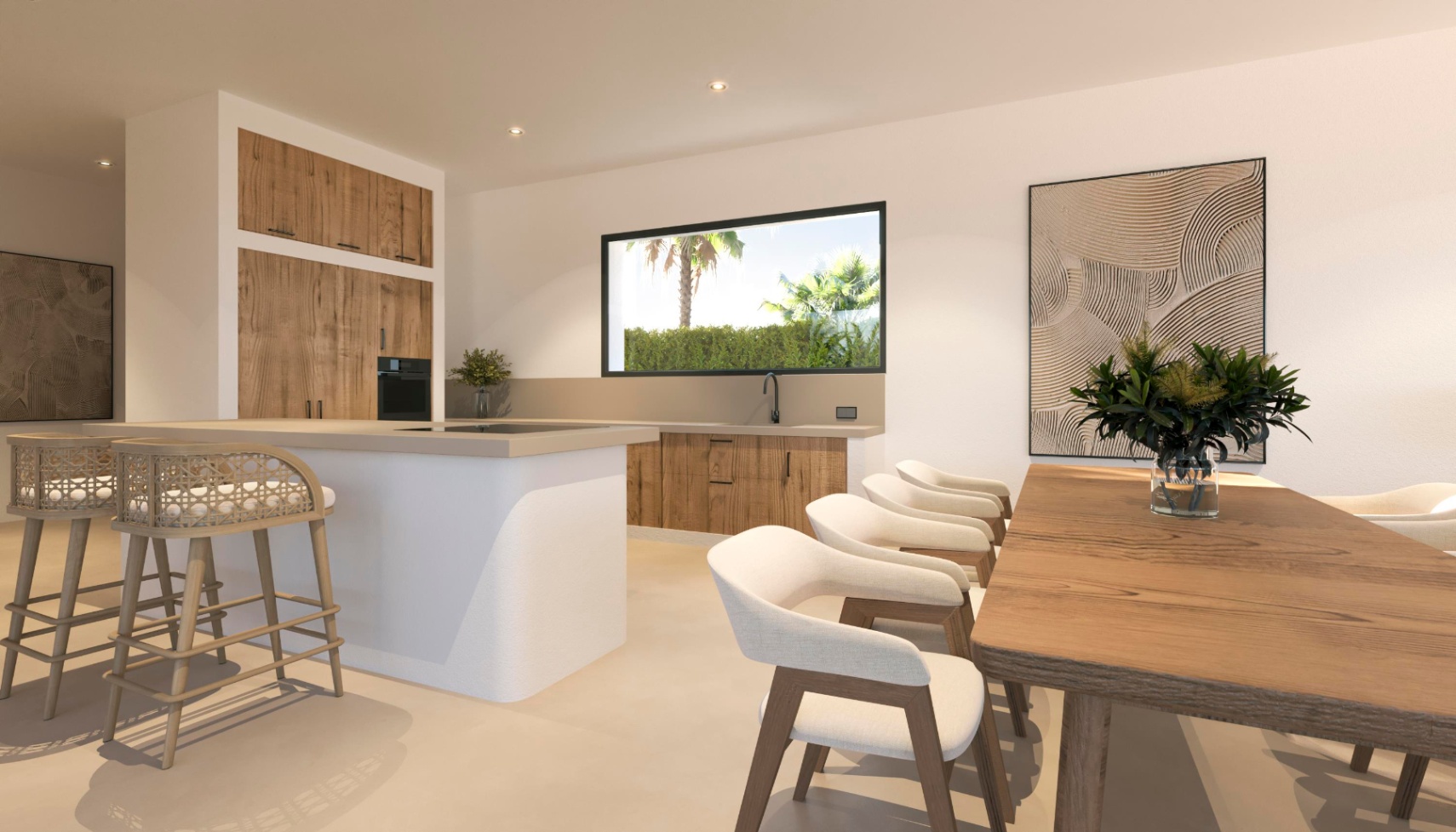 Open-concept kitchen featuring a curved white island, natural wood cabinetry, and an integrated dining area with views of the Mediterranean garden.